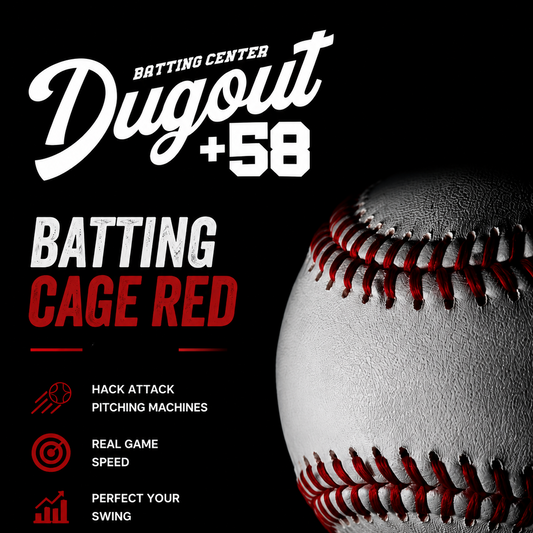 Promotional graphic for Dugout +58 batting cage with a baseball on a black background